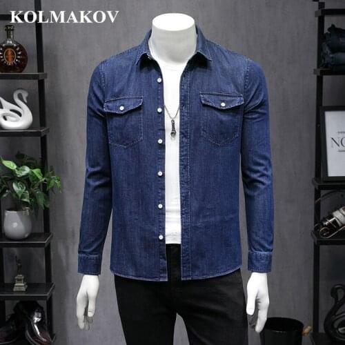 KOLMAKOV 2019 Mens Denim Long Sleeve Shirts Denim Dress Casual Spring Blue Thick Fabric for Wear-resisting Denim Shirts Male