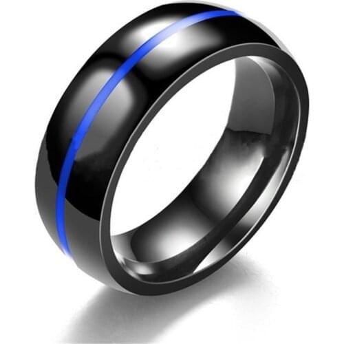 FDLK Simple Mens Stainless Steel Ring Oil Drop Blue Line Finger Ring Engagement Wedding Band Cocktail Party Jewelry