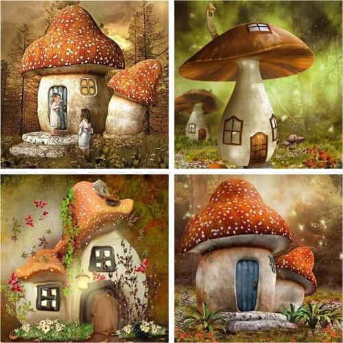 HUACAN Full Square/Round Diamond Painting House Mushroom DIY 5D Diamond Embroidery Landscape Home Decor Craft Kit