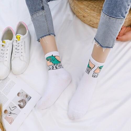 5 Pairs/Lot Dinosaur Women Cotton Socks Set Female Casual Cartoon Print Harajuku Animal Cat Cute Funny Happy Girl Short Socks