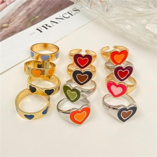 New Ins Trendy Creative Simple Colorful Love Heart Rings Double Layer Vintage Heart Couple Rings For Women Fashion Jewelry