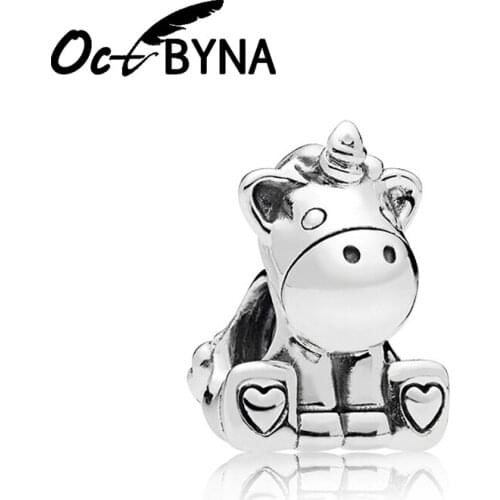 Octbyna Silver Color Charms Fits Pandora Bracelets Original Beads Sweet Bruno The Unicorn Charm Bead Women DIY Jewelry Making