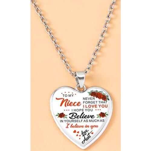 Cute Flower To My Niece Love Aunt Heart Necklace Jewelry Silver Color Link Chain Necklaces For Women Girls Family Gifts
