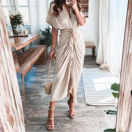 Short Sleeve Maxi Dress High Waist Women Buttons Solid Color Draped Tunic Dress Sundress Glitter Shiny Party Slit Tunic Party