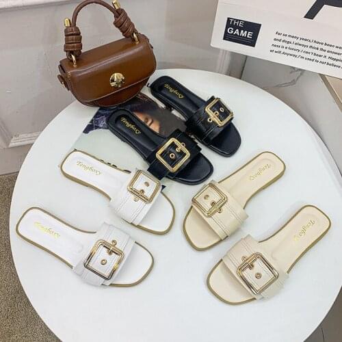 Women Round Toe Flat Slide Sandals Fashion Beach Shoes with Golden Square Buckle