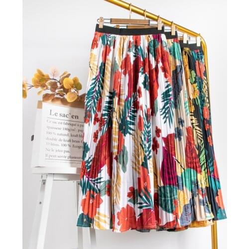 Color Printed Skirt Women For Spring Summe A-line Midi Womens Skirts Fashion Long Pleated Skirt Women Chiffon A Line Skirt Femme