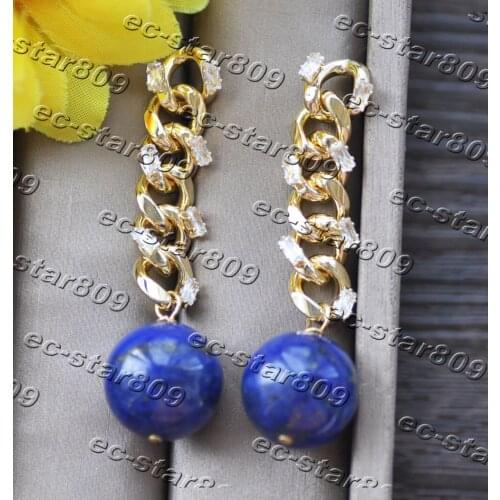 Z11262 16mm Blue Round Lapis Lazuli Gold-Plating Chain Dangle Earring CZ Woman Fine Jewelry