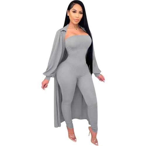 Fitness Knitted Women Tracksuit Lantern Sleeve Long Cardigan Coat + Strapless Jumpsuit High Elastic Solid Suit 2 Piece Set S-XXL