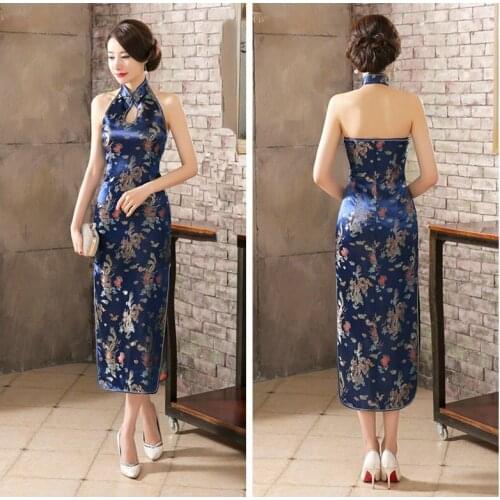 Navy Blue Mandarin Collar Women Chinese Dress Backless Long Satin Qipao Vintage Button Sexy Cheongsam Novelty Stage Show Clothes