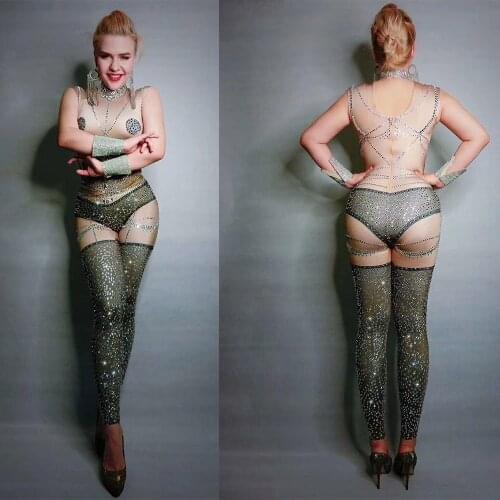 Woman Sprakling Crystals Bodysuit Nightclub Party Bodysuit Performance Party Celebrate Costume Stage Singer Dance Clubewear