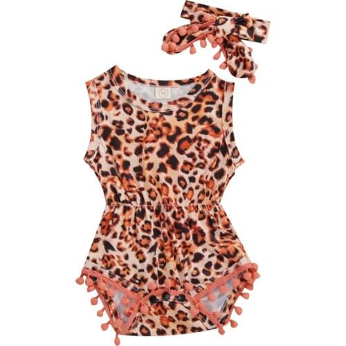 Newborn kids Toddler Baby Girls Fashion 2-piece Summer Outfit Set Sleeveless Leopard Bodysuit and Headband Set