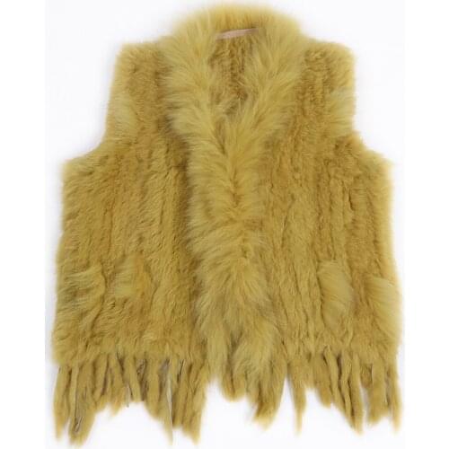 Women real fur vest natural rabbit fur vest with raccoon fur collar knitted gilet