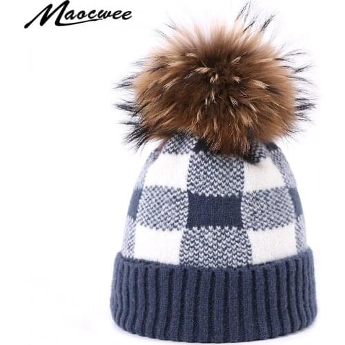Winter Pom Pom Skullies Beanie Hat With Classic Plaid For Men And Women Outdoor Warm Knitted Thick Real Fur Pompom Beanies Hats