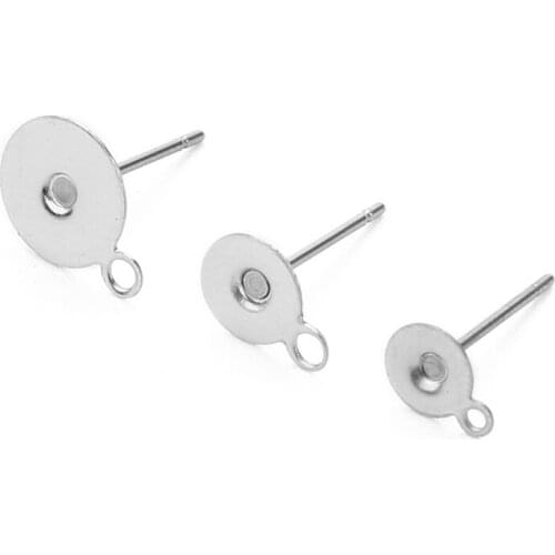 100Pcs/lot Stainless Steel 5 6 8 10mm Flat Pad Earring Pin Base Glue on Earring Posts with Loop for DIY Earring Jewelry Making