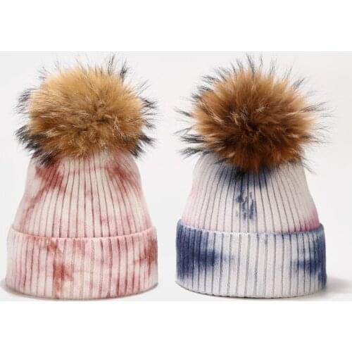 2020 Fashion Tie Dyed Knit Hat Winter Warm Womens Beanies 100% Raccoon Fur Pompom Detachable Hat Female Ladies Skullcap Bonnet