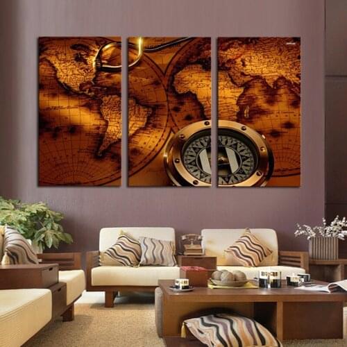 3 Panels HD Canvas Print Painting Artwork Modern Home Wall Decor Canvas Art Picture world map compass
