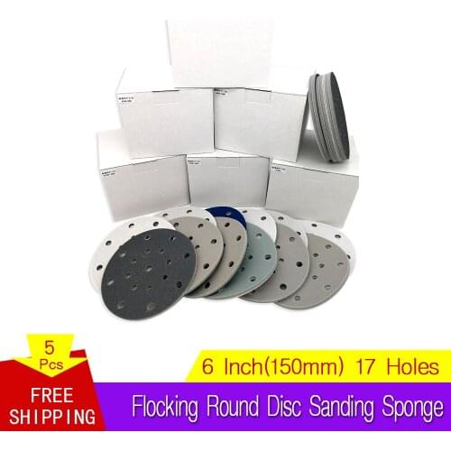 5Pcs Flocking Sponge Sanding Disc Sandpaper 6 Inch 17-Hole 300-3000 Grit for Polishing & Grinding Power Tools Accessories