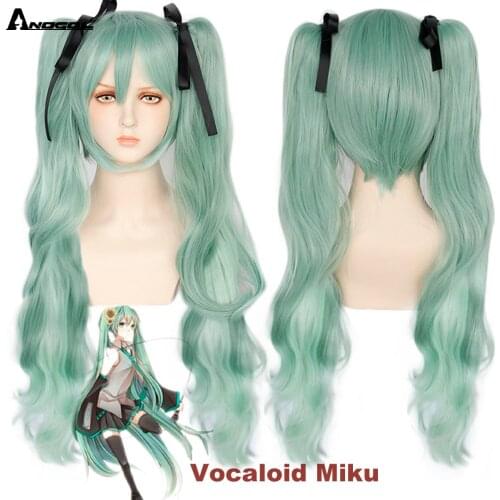 ANOGOL Vocaloid Miku Cosplay Wig Green Long Natural Wave Heat Resistant Synthetic Hair Clip Ponytails Wigs for Cosplay Party Use