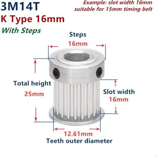 Free Shipping 14 Teeth HTD 3M Synchronous Pulley 3m timing pulley Width 16mm 14T 3M timing belt HTD3M Pulley gear bore 4mm-8mm