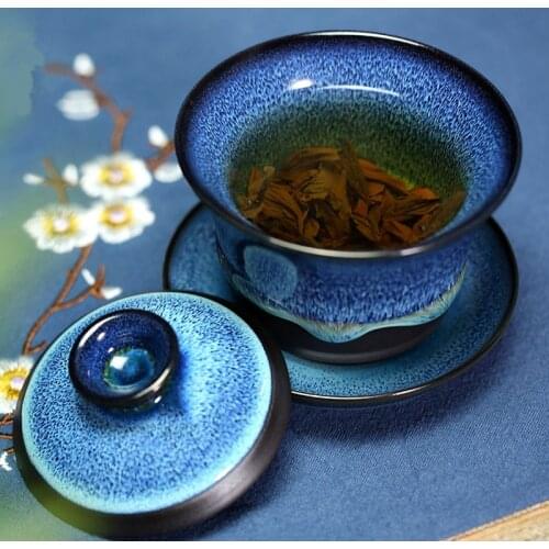 Bigger gaiwan kiln change unique tureen Chinese porcelain cup bowl with saucer lid blue zisha purple clay glaze covered bowls