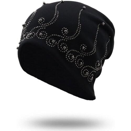 Brand Womens Beanie Hat Casual Polyester Shine Pearls&Rhinestones Beanies For Women Skull Beanie Hats Bonnet For Female