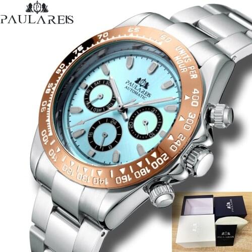 2021 New Brand PAULAREIS Automatic Mechanical Men watches Waterproof Sport Stainless Steel Chronograph Luxury Luminous Watch men