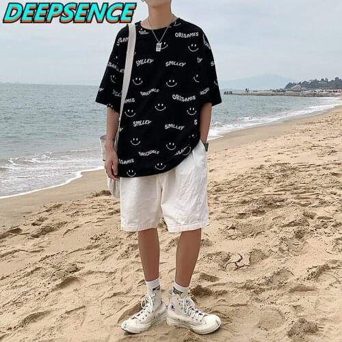 2021 Summer New Casual Half Sleeve T Shirt Tops Men O Neck Outdoor Smiley Print Fashion Loose Fit Streetwear T Shirt Men Women