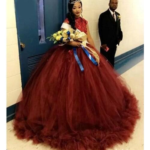 Glamorous Burgundy Ball Gown Quinceanera Dresses Sweet 16 Dress Tulle Skirt Long Teen Girls Pageant Dress 2020