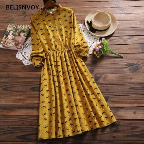 New Arrival Autumn Women Elegant Corduroy Dress Stand Collar Pink Flora Printed Midi Dress Mori Girl Sweet Prairie Chic Dress