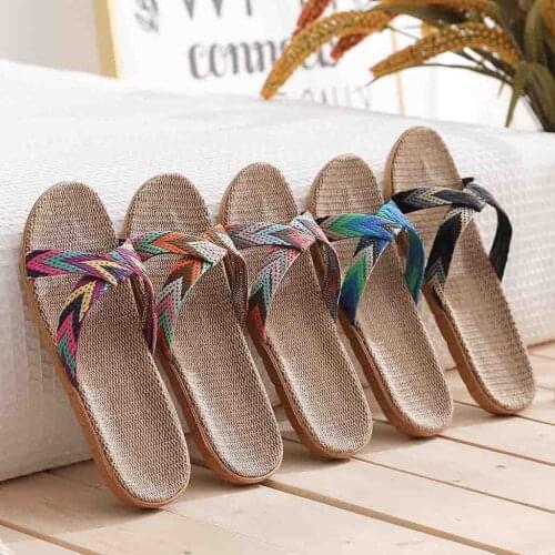 25# Summer Flax Slippers Women Men Casual Linen Slides Multi-style Non-slip Eva Home Slippers Indoor Shoes Female Sandals Shoes