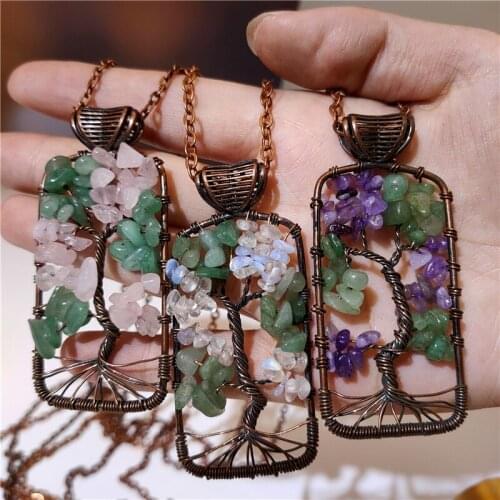 Vintage Long Opal Rose Quartz Pendant Necklace for Women Retro Tree oF Life Stone Pendant Necklace Gift Drop Shipping