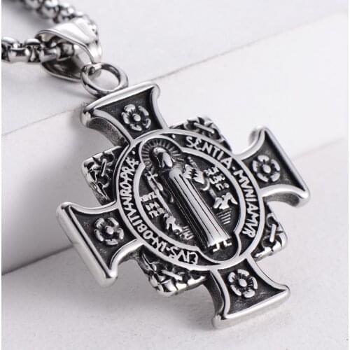 WENDYFO New Men Fashion Stainless Steel Cross Necklace & Pendant Saint Benedict Double Sides Chain Necklace Religious Jewelry