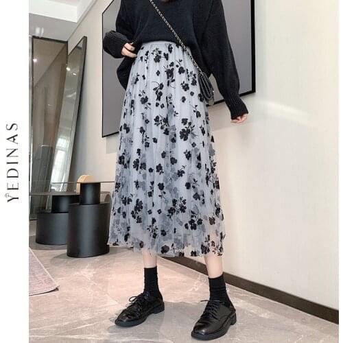 Yedinas Fashion Women Boho Long Maxi Skirt 2020 High Waist Vintage Floral Skirt Female Mesh Skirts Elegant White Beach Faldas