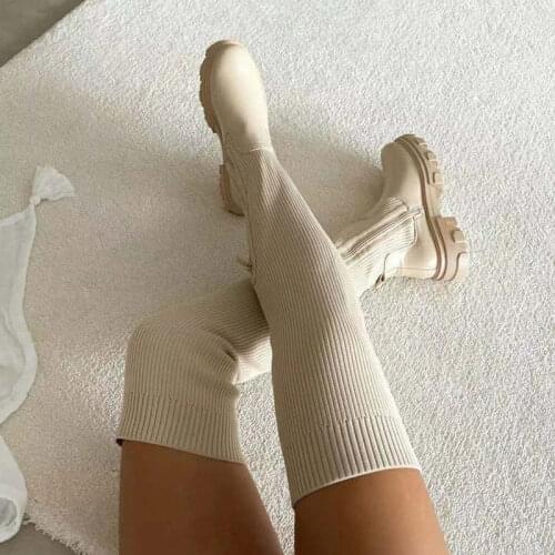 Women Boots Sexy Black Stretch Knitted Over The Knee Boots Ladies Low Heel Sock Boots Female Autumn Outdoor Boot Womens Shoes