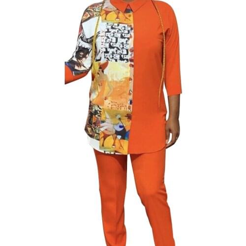 2 Piece Set Women Slim Solid Pants And 3/4 Sleeve Turn-down Collar Blouse Top Fashion Print Irregular Office Lady Suit Outfits