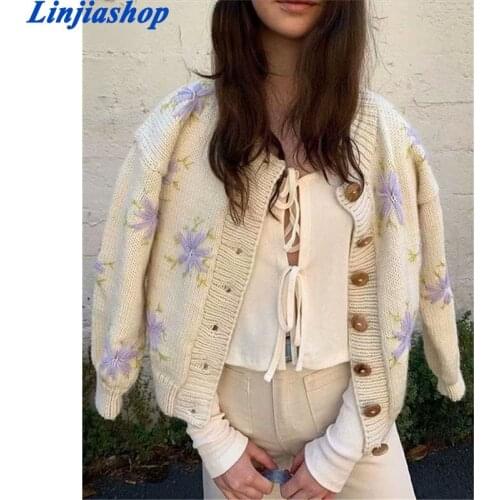 Sweet flower embroidery knitted ladies cardigan sweaters long sleeve autumn winter jumpers women cute kawaii knitwear