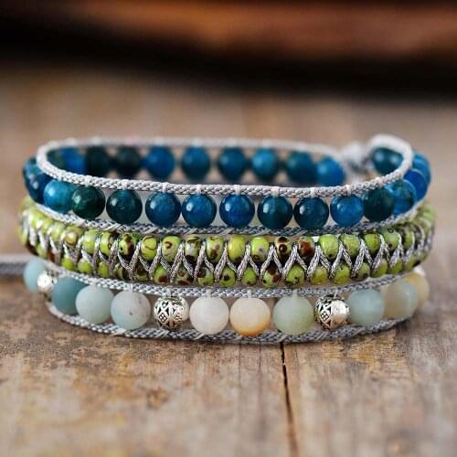 Brilliant Boho Beads Wrap Bracelets Apatite Amazonite Stones 3 Strands Vegan Bangle Bracelet Fashion Jewelry Bijoux Dropship