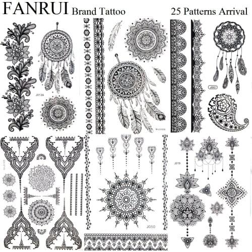 Black Henna Mandala Flower Temporary Tattoo Dreamcatcher Girl Body Arm Art Tattoo Stickers Feather Tribal Fake Tatoos Chains Leg