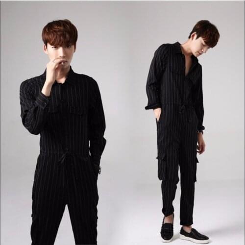 Spring And Autumn Teenage Tide Men New Tooling One Piece Jacket Rompers Casual Stripe Jumpsuit Overalls Singer Costumes Clothing