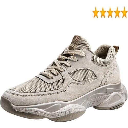 Spliced 2021 Men Summer Mesh Leather Sneakers Breathable Height Increasing Casual Trainers Lace Up Vintage Shoes Male Footwear