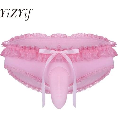 Men Lingerie Sissy Pouch Cross-dress Bikini Briefs Frilly Lace Applique Ruffled Underwear Underpants Sexy Gay Jockstraps Panties