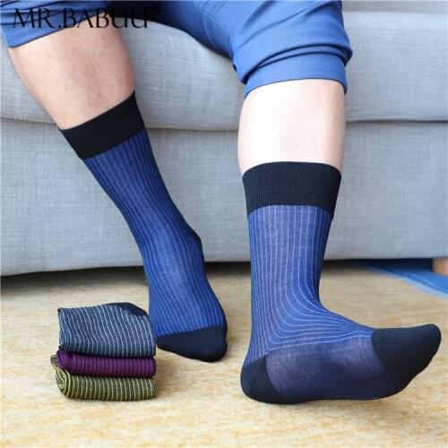 2Pair/lot Light penetration 4 color stripe mens high end business suit medium tube light cotton socks