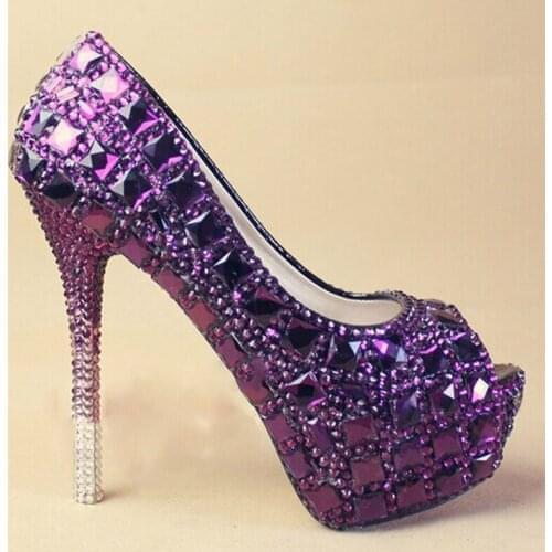 Popular Purple high heel shoes Sparkling formal Rhinestone Womens Crystal Bridal Evening Wedding Prom Party Bridesmaid shoes