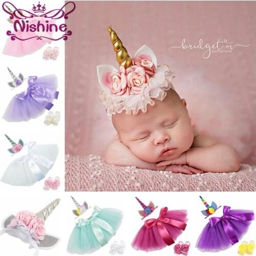 Nishine 0~2 Years Newborn Unicorn Horn Headbands Silk Bow Tutu Dress With Sandals Sets Kids Photo Shoot Children Birthday Gift