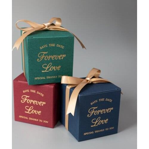 Simple Red Green Blue Cube Candy Boxes Wedding Party Supplies Gift Packing Box with ribbon Favors goodie Gift Bag decoration