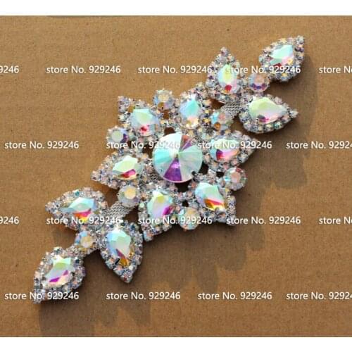 Clear AB Crystal bridal tirms AB Rhinestone Applique Glod / Silver Base Sewing-on Brooch Metal Flatback Wedding Accessories