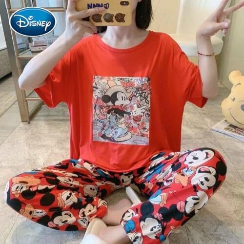 Disney ladies cartoon Mickey print summer cute pajamas womens short-sleeved trousers and trousers home service suit