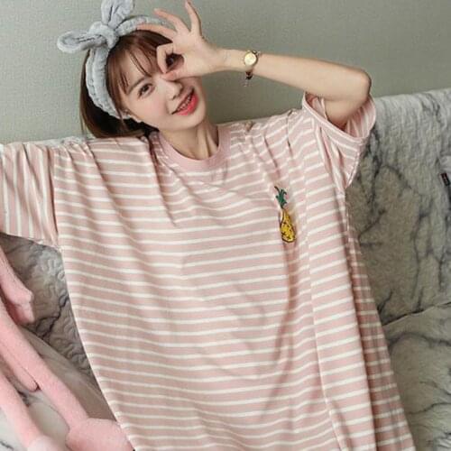 Women\s Short-sleeved Nightdress Striped Fruit Loose Large Size Home Service Cute Girl Casual Pajamas