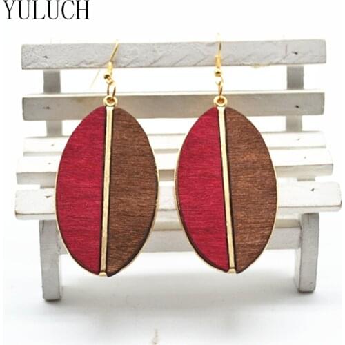 2017 Hand made wooden earrings female Fashion design new lady earrings Metal mosaic wood Ms earrings lady new design dangler
