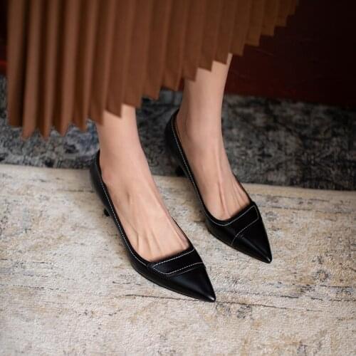 High Quality Pumps Woman Elegant 6.5cm Thin Heels Pointed Toe Pumps Black Brown Genuine Leather Handmade Party Work Shoes